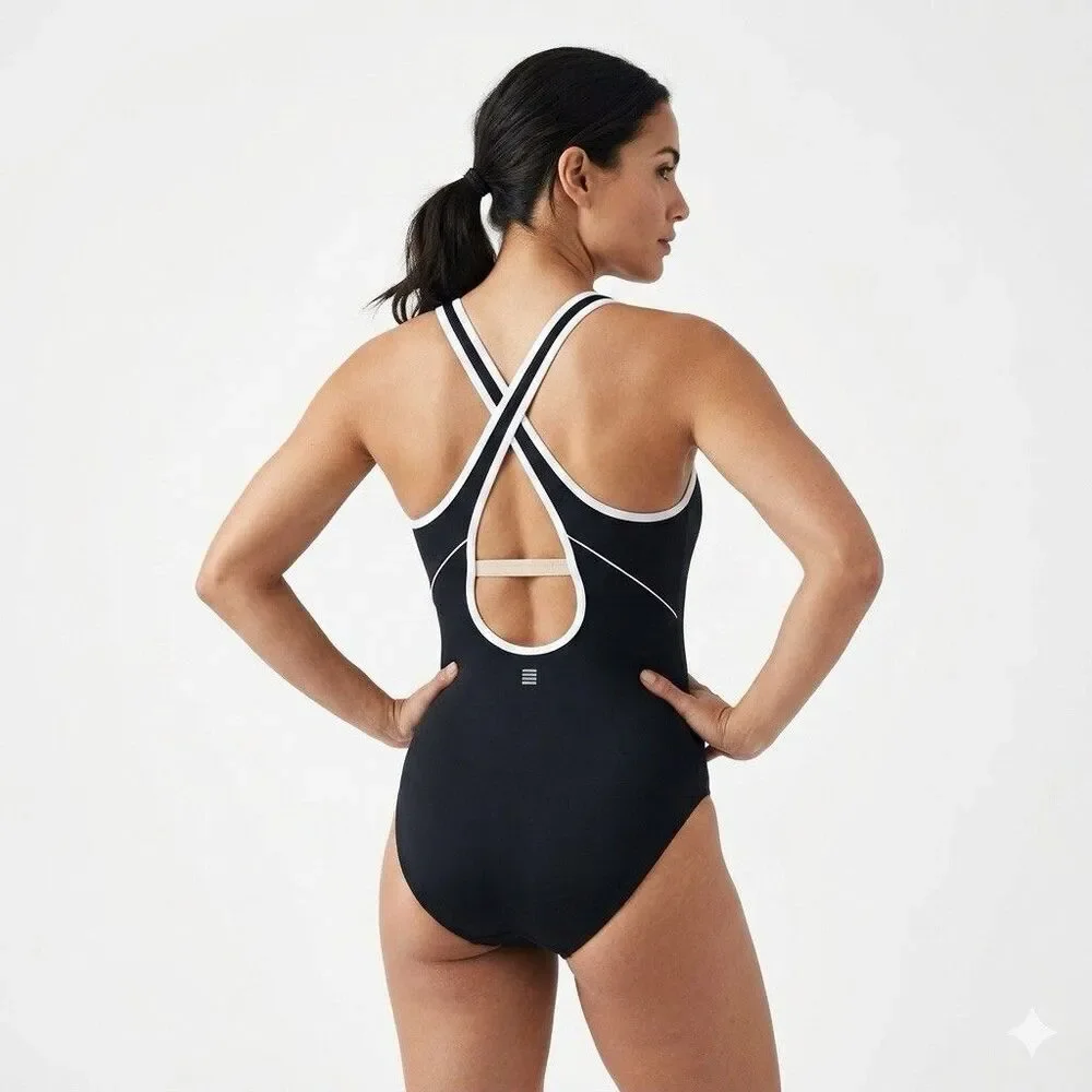 Lands' End Tugless X-Back Swimsuit Black White Piping EUC Size 14 Sporty - Picture 12 of 13